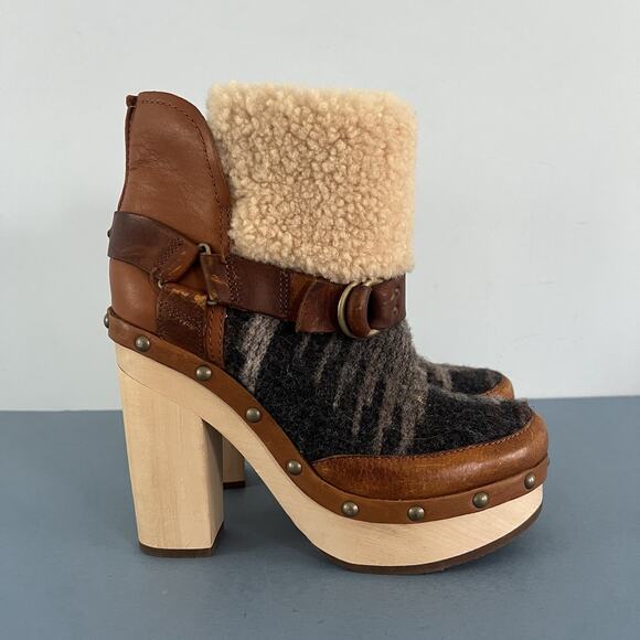 Woolrich x Anthropologie Artist Wool Shearling Platform Wood Heel Booties - Picture 3 of 10